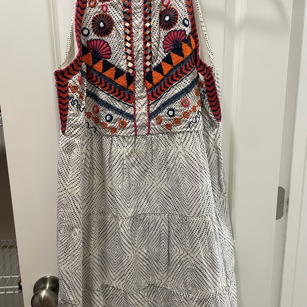 White Embroidered Boho Sundress with Colorful Yoke